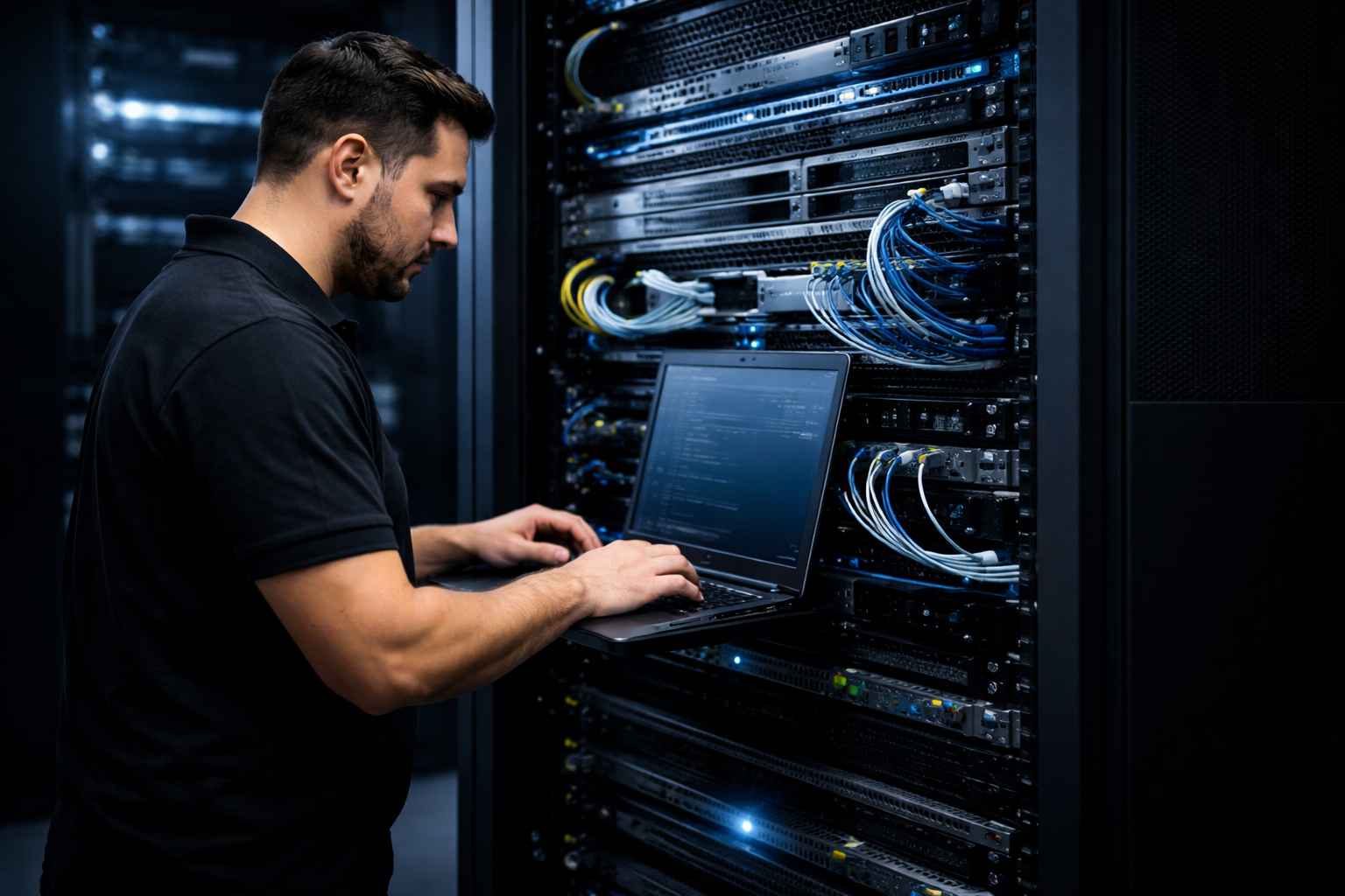IT technician working on server and network infrastructure